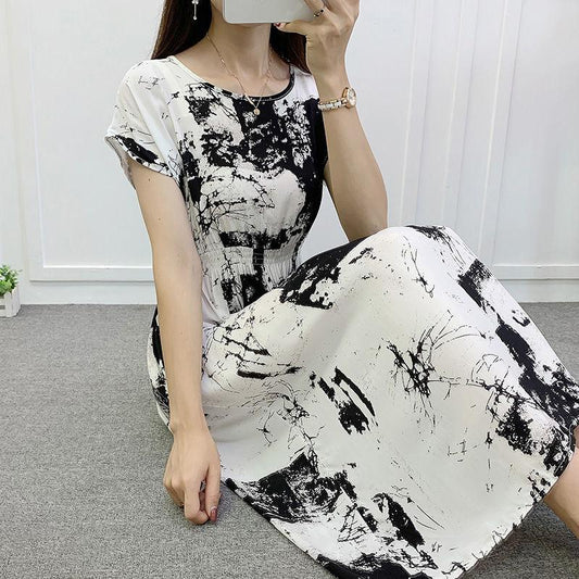 Fairy Dress Printed Vest Mid-length Dress Summer Ethnic Style Cotton Silk Floral Dress Seaside Vacation Waist Mid-length Dress