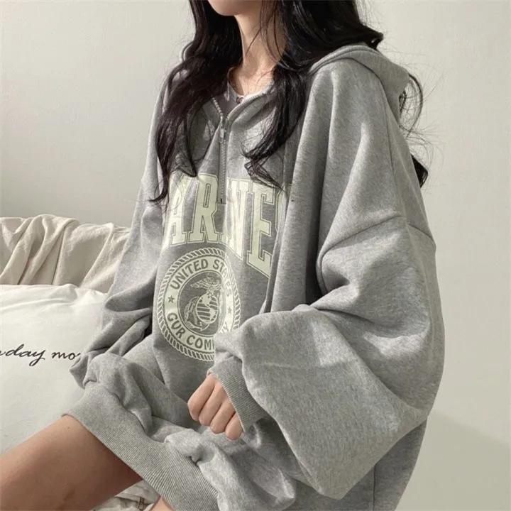 Women's Hooded Sweater Zipper Cardigan Jacket Spring and Autumn Thin Section Loose Bf Lazy Wind Large Size Long-sleeved Pullover Sweatshirts