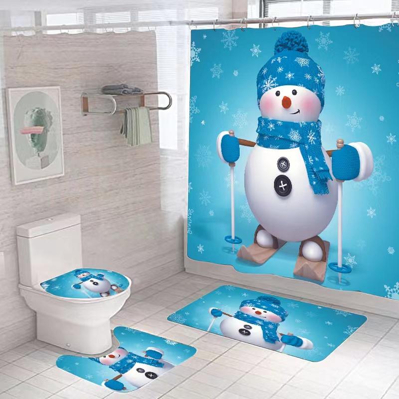 Christmas Bathroom Supplies Shower Curtain Mat Set Santa Claus Elk Snowman Digital Printing Cartoon Full Polyester Bathroom Curtain Four-piece Set