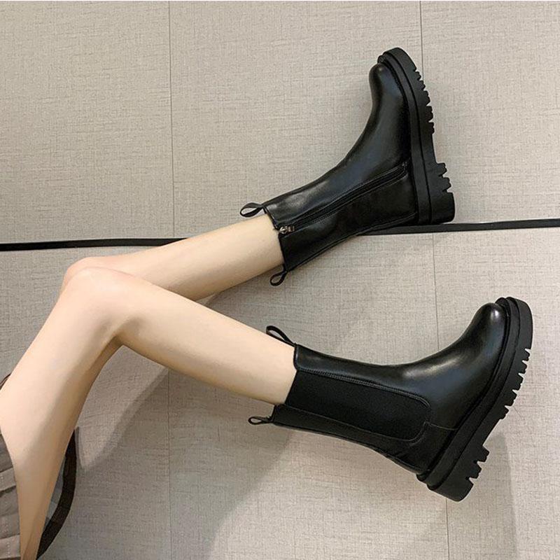 Martin Boots Women Autumn Winter Elastic Mid-tube Boots Thick-soled Boots Single Inner Side Zipper Boots Women