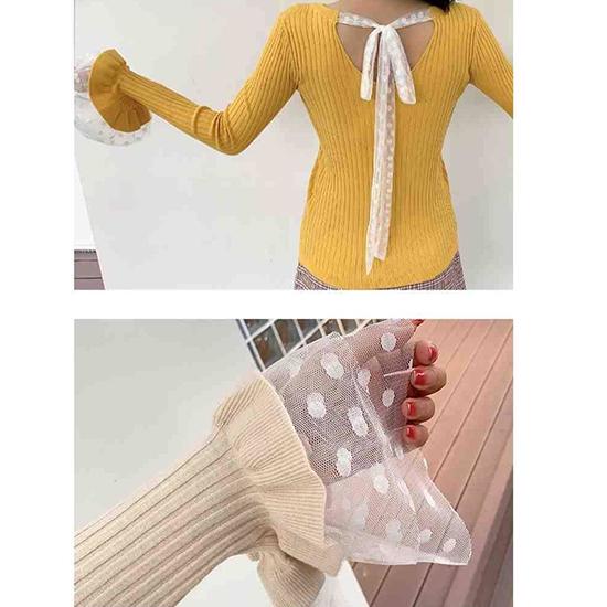 Pofulove Girly Crew Neck Lace Bell Cuffs Base Knitwear Skin-friendly High Elastic Pullover Sweater