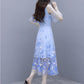 Women's Embroidery Blue Dress Super Fairy Long Fairy Skirt High-end Mesh Skirt Chiffon A-line Floral Dress Fabric Lightweight and Breathable