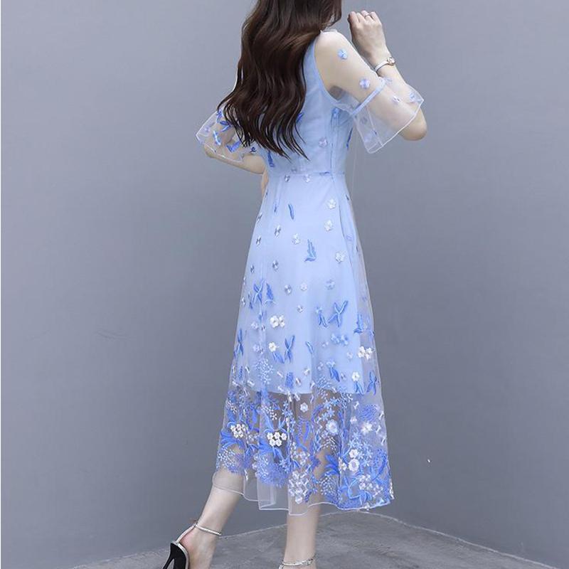 Women's Embroidery Blue Dress Super Fairy Long Fairy Skirt High-end Mesh Skirt Chiffon A-line Floral Dress Fabric Lightweight and Breathable