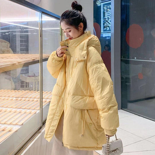 Mid-length Down Jacket Women's Winter Women's Hooded Stand-up Collar Loose Thick Bread Coat Jacket Winter Warmth Thick Cotton Jacket