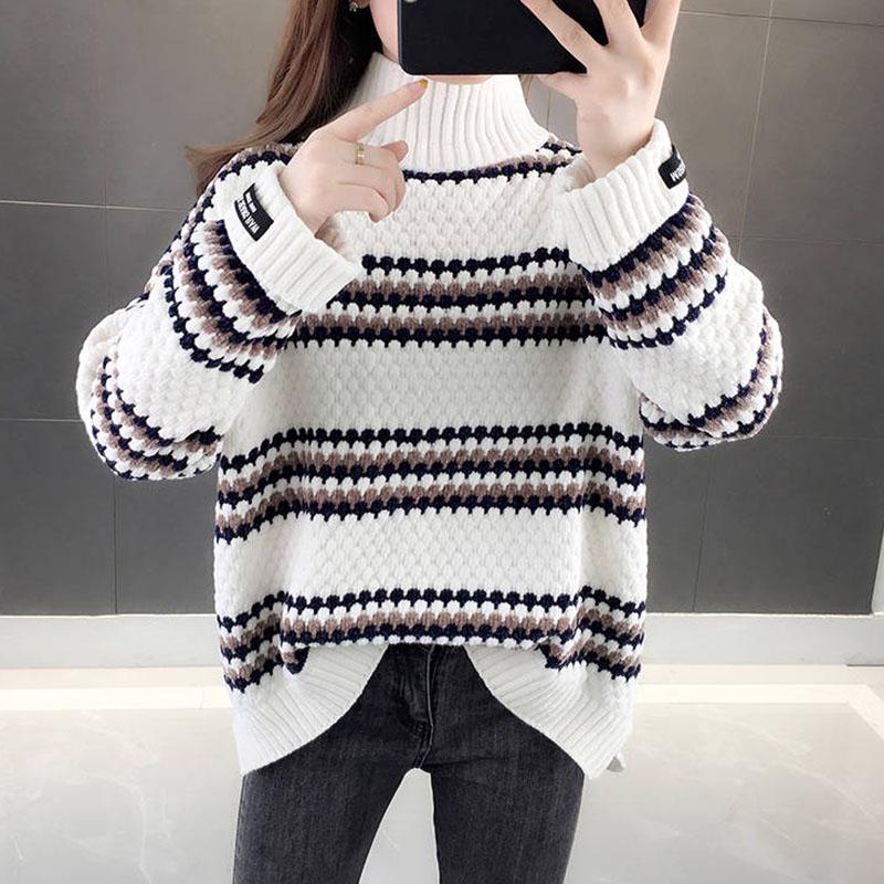 Pofulove Women stripe Turtleneck sweater pullover winter pleuche sweater Knit Long Sleeve jumper