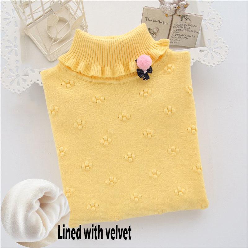 Girl Sweater Plus Velvet Thick Autumn and Winter Solid Color Set High Collar Long-sleeved Big Children's Knitting Shirt