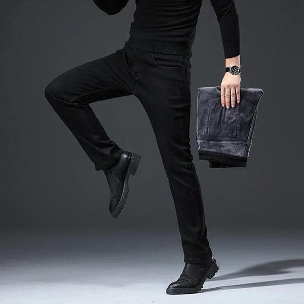 Men's Autumn and Winter Fleece Padded Black Trousers Large Size Straight Elastic Black Jeans for Business Men