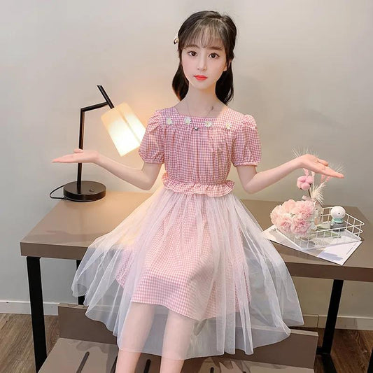 Girls' Dresses Children's Skirts Summer Dresses Western Style Princess Skirts Plaid Skirts Western Style Fashionable Mesh Dress