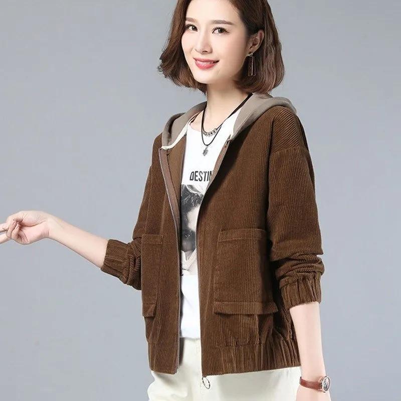 Corduroy Short All-match Hooded Loose Coat Women's Spring and Autumn Korean Plus Size Female Thin Top All Match Short Outerwear