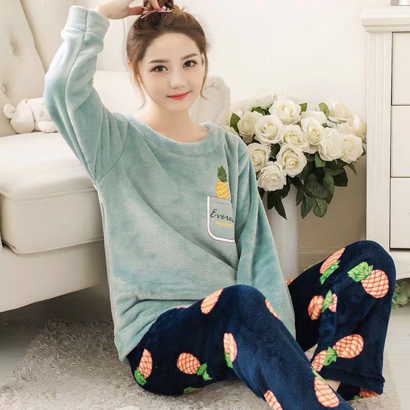 Women's Autumn and Winter Coral Velvet Thick Pajamas Flannel Plus Velvet Outer Wear Home Service Suit