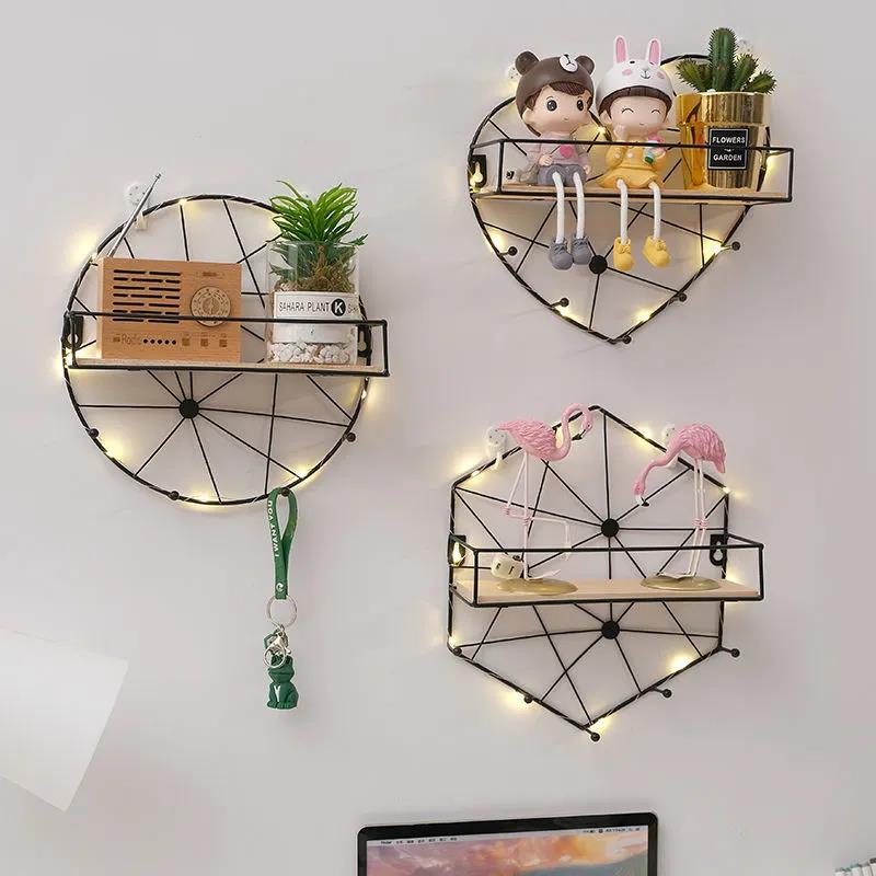 Nordic Modeling Metal Decorative Rack Wall Display Platform Living Room Art Storage Shelf with Light Strip