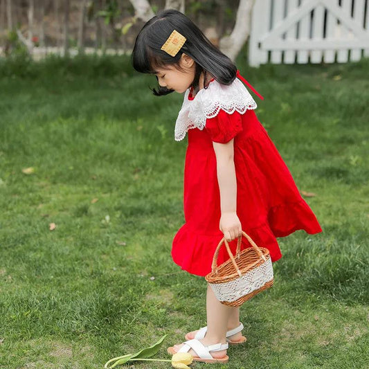 Girls Red Dress Summer Dress Children Summer Puff Sleeve Princess Skirt A-Line Dress Round Neck Short Sleeves
