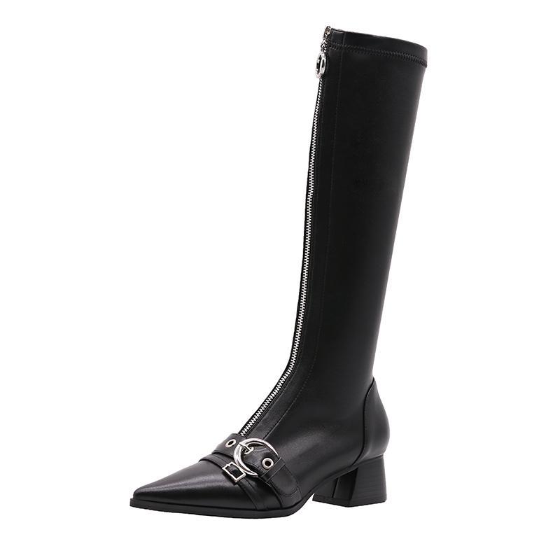 Sexy Elastic High Boots Pointed Toe Boots Zipper Chunky Heel Leather Knee-high Boots Winter