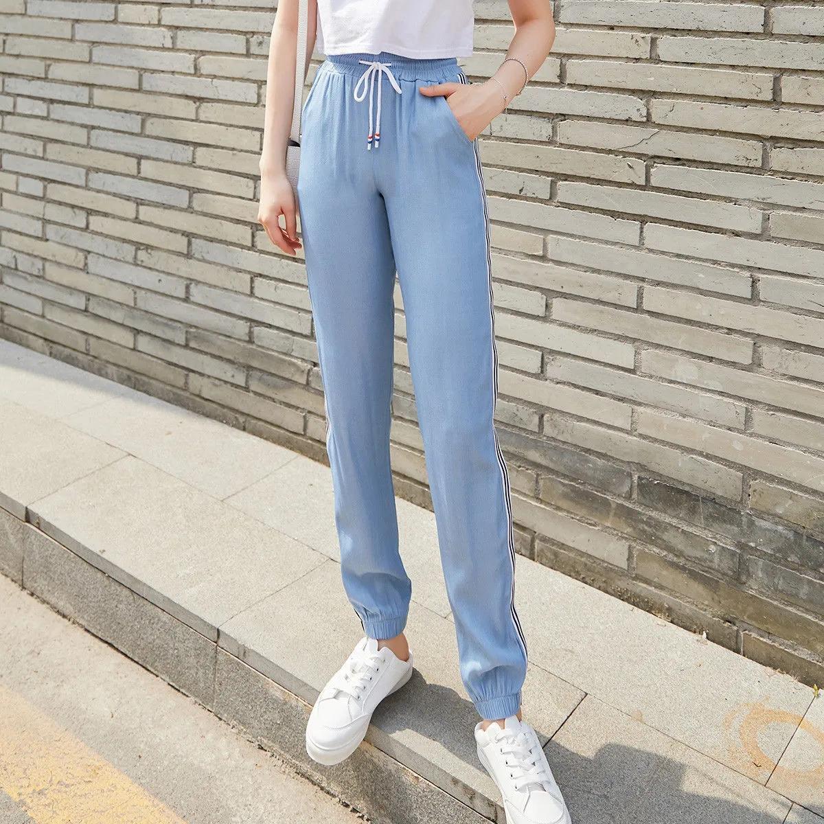 Women's Summer Thin Tencel Jeans Loose Drawstring Leggings Elastic High Waist Straight Pants Sports Casual Pants Harem Trousers Cropped pants