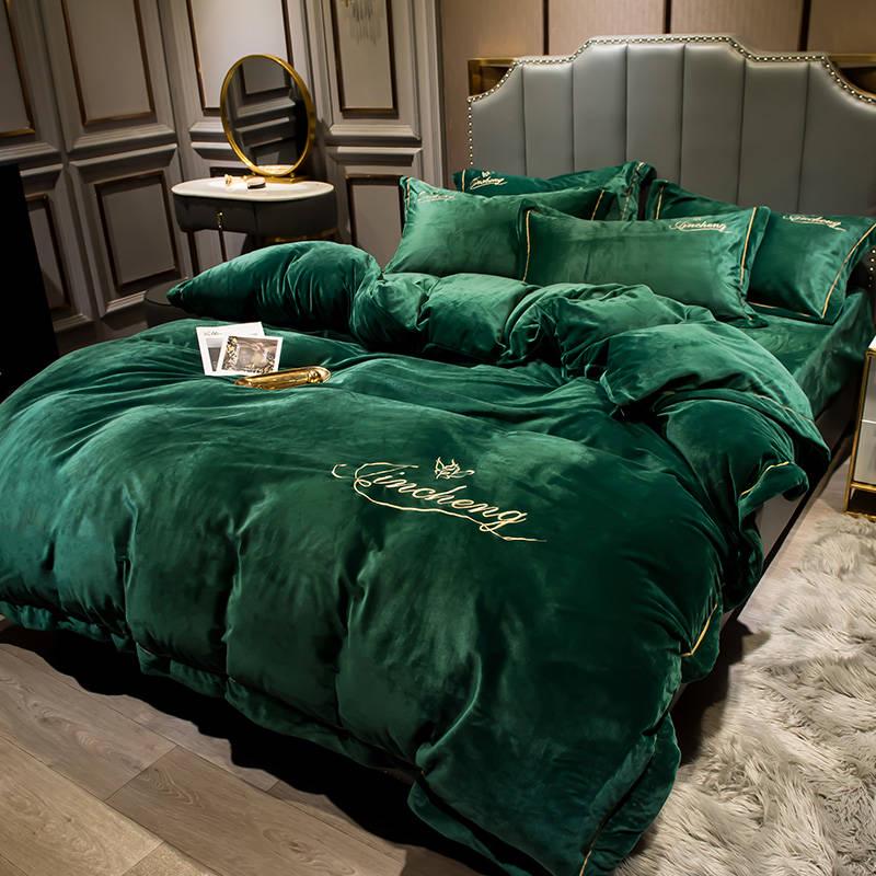 4pcs  Fleece Bedding Set Pure Color  Bed Sheet Quilt Cover Pillowcase Winter Warm Bedding