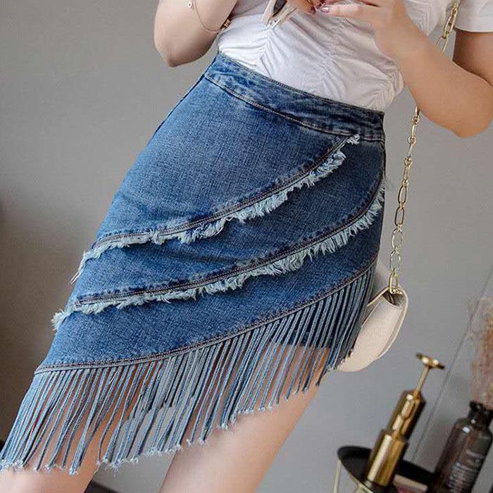 Pofulove Women High Waist Slim Fringed Denim Skirt Anti-light Bag Hip Skirt Casual A-line Skirts