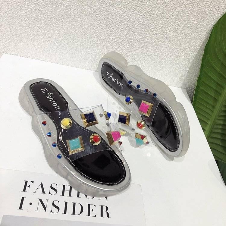 Student shoes ins slippers female crystal sole sports sandals transparent word belt colorful rivets