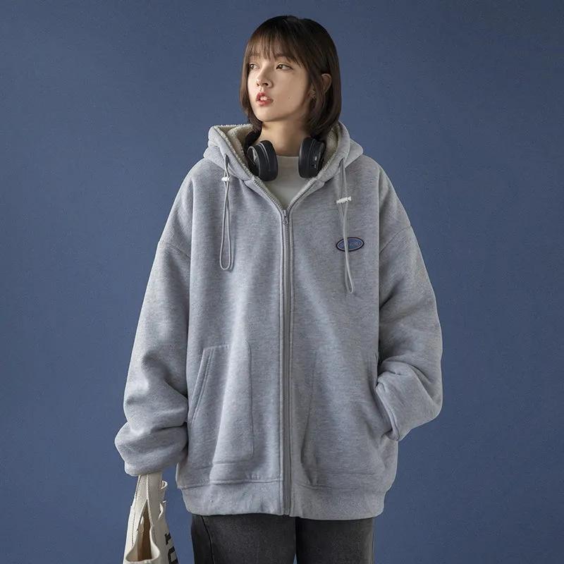 Retro Plus Size Lamb Wool Coat Plus Velvet Winter Oversize All-match Coat Ladies Zipper Cardigan Loose Hooded Sweater