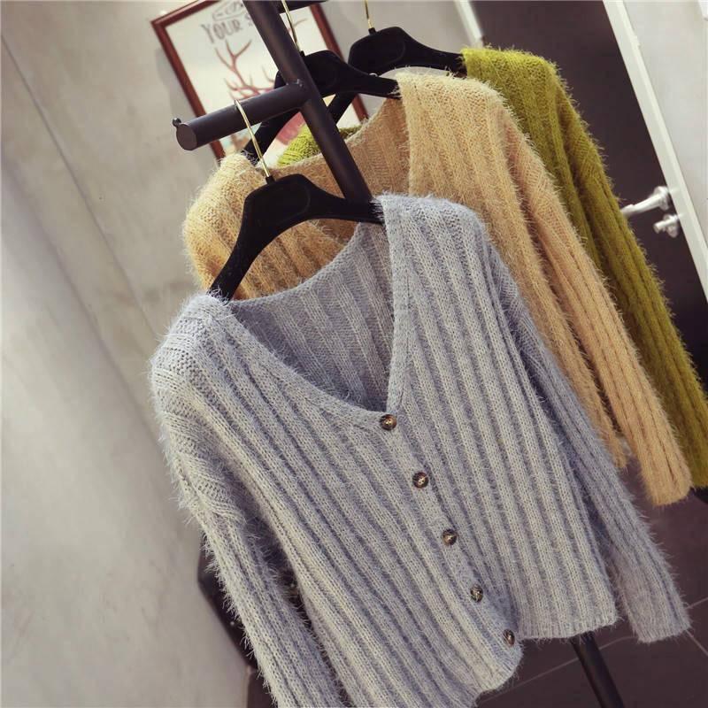 Autumn and winter new women's knit cardigan V-neck long-sleeved sweater female feather yarn shirt