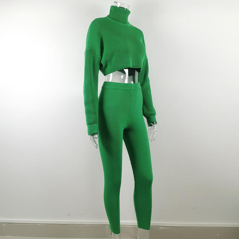 2PCS Ladies Sweater Set High Neck Long Sleeve High Waist Solid Color Wool Pants Two Piece Casual Suit Pullover Sweater Multicolor Bottoming Shirt