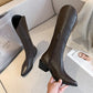 Leather Knee High Boots for Women Pointed Toe High Boots Ladies Chunky Heels Cowboy Boots Winter