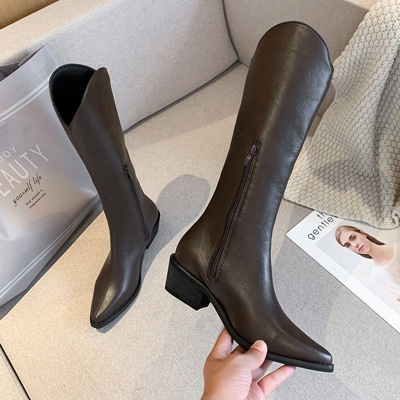 Leather Knee High Boots for Women Pointed Toe High Boots Ladies Chunky Heels Cowboy Boots Winter