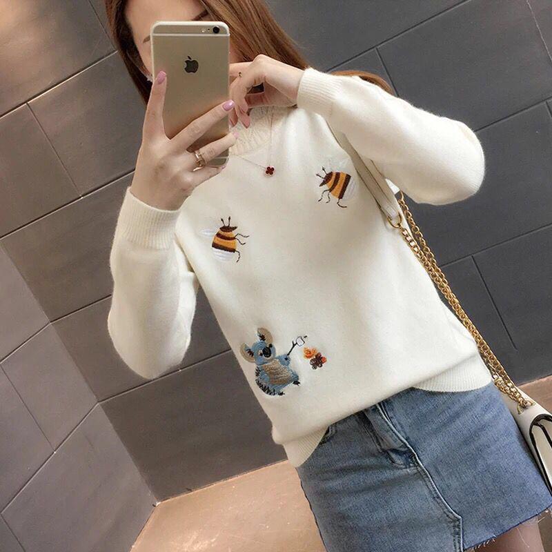 Pofulove Autumn and Winter Loose Short Paragraph Pullover Sweater Trend Embroidered Base Sweater