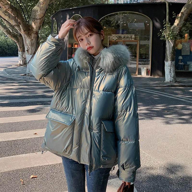 Winter Women's Cotton-padded Jacket Short Section Thickened Big Fur Collar for Girls Shiny Cotton-padded Jacket Warm Jacket