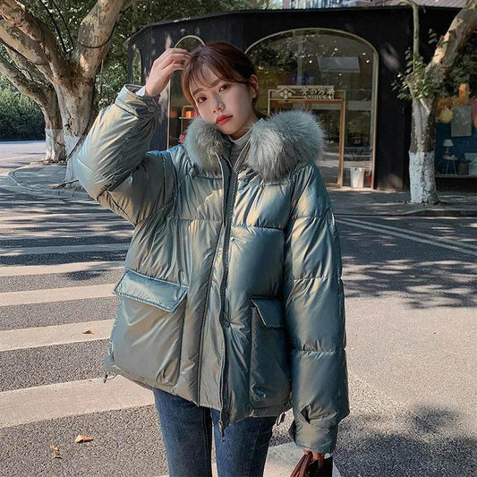 Winter Women's Cotton-padded Jacket Short Section Thickened Big Fur Collar for Girls Shiny Cotton-padded Jacket Warm Jacket