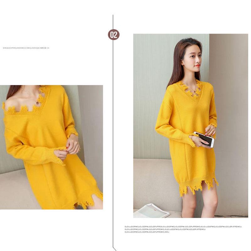 Autumn  Winter Women's Mid-length Sweater Ripped Tassel Sweater Casual Loose Knit Sweater Dress Outer Wear