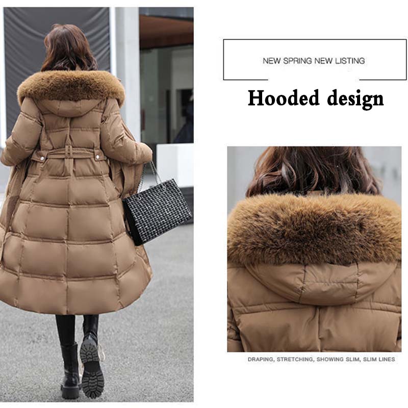 Long Padded Jacket Women's Fashion with Fur Collar Waist Down Padded Jacket Women Over The Knee Thick Winter Padded Jacket Women