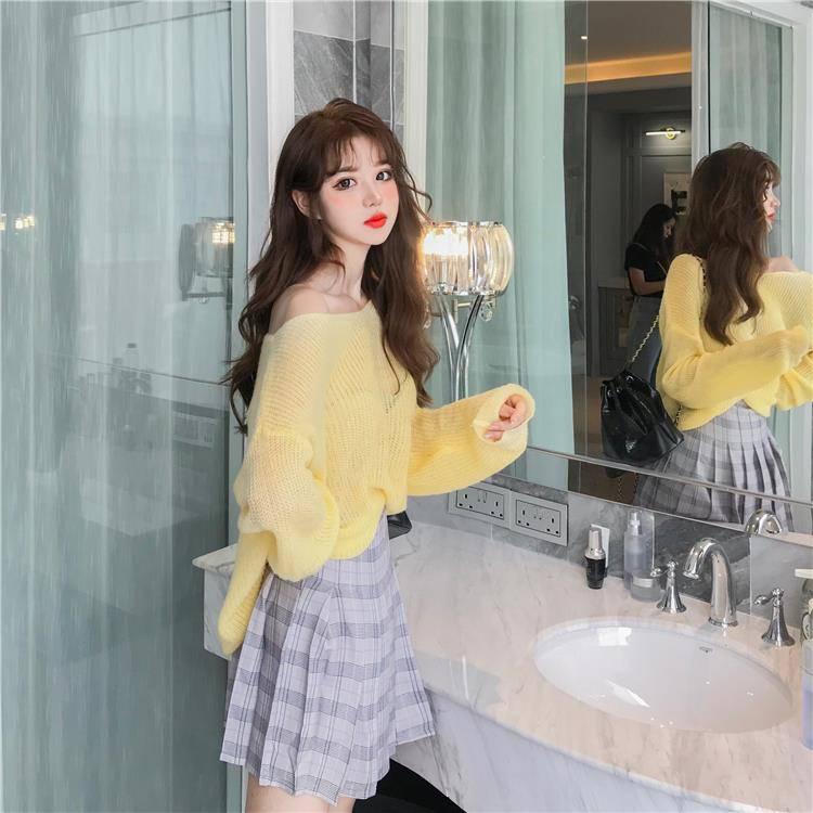 Pofulove Winter Girl Thin Lazy Wind Loose Hollow Sweater Long Sleeve Pullover Retro Bottoming Shirt