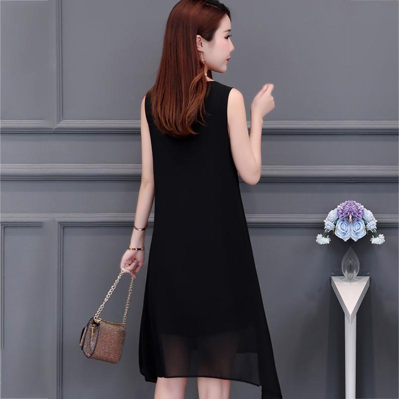 Chiffon XL-XXXXXL Plus Size Summer Chinese Style Dress Knee-length Solid Printed Over-the-knee Vest Skirt
