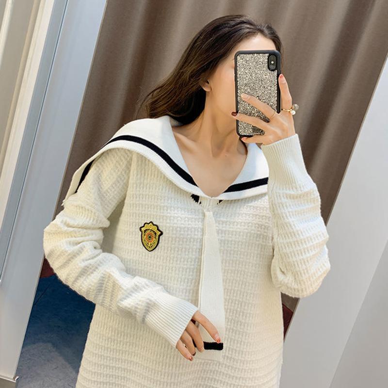 Autumn  Winter Navy Collar College Style Loose Pullover Sweater Women's Mid-length Outer Knit Jacket Jacket