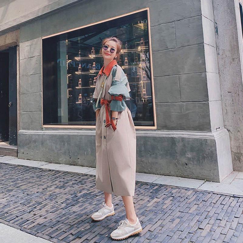 Contrasting Color Stitching Windbreaker Women's Mid-length Spring and Autumn Loose-fitting British Style Over-the-knee Jacket