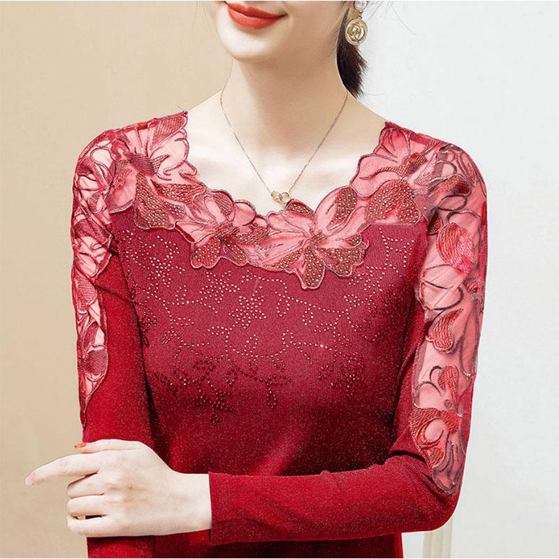 Large Size Women's Lace Shirt Long Sleeves Outer Wear Hollow Thin Inner Mesh Bottoming Shirt