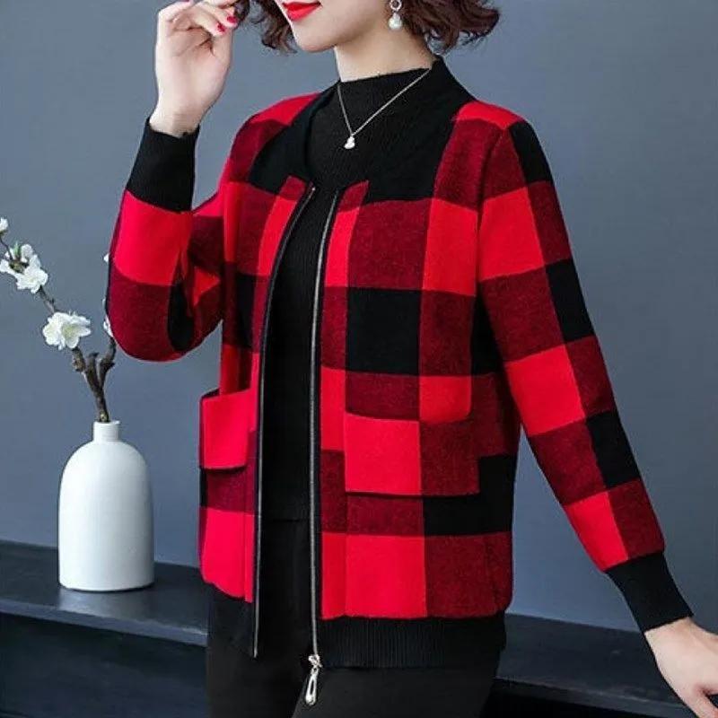 Plaid Casual Short Coat Middle-aged Mother Jacket Spring Autumn Loose Cardigan Women's Loose Baseball Uniform Jacket