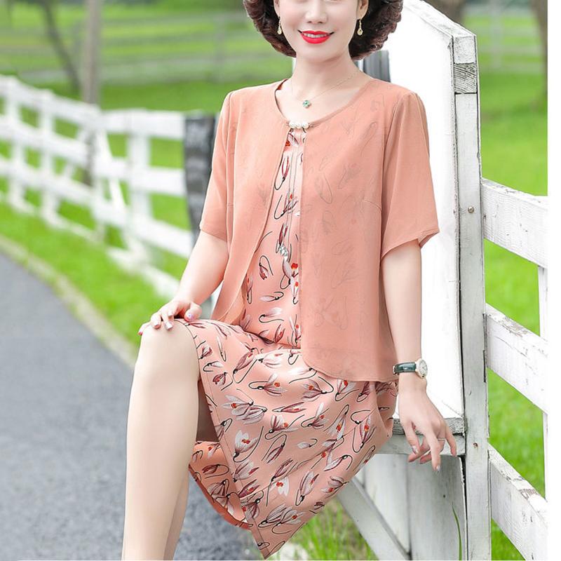 Middle-aged Mother XL-XXXXXL Women's Summer Dress Chiffon Veil Short Sleeve Round Neck Printing