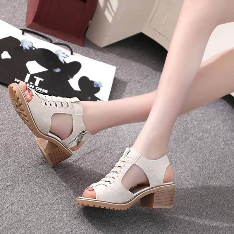 Thick Heel Sandals Female Summer Flat Bottom Korean Students Wild Fish Mouth Retro Princess Mid-heel Female Shoes