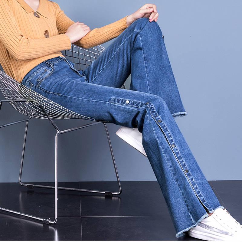 Elastic Women Plus Loose Denim Pocket Button Casual Boot Cut Pant Jeans Casual Occasion Denim