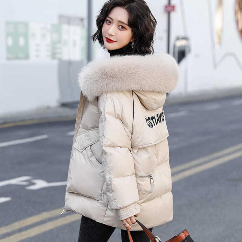 Women's Glossy Loose Down Jacket Mid-length Korean Thick Coat Warm Cotton Coat with Big Fur Collar Winter Quilted Jacket