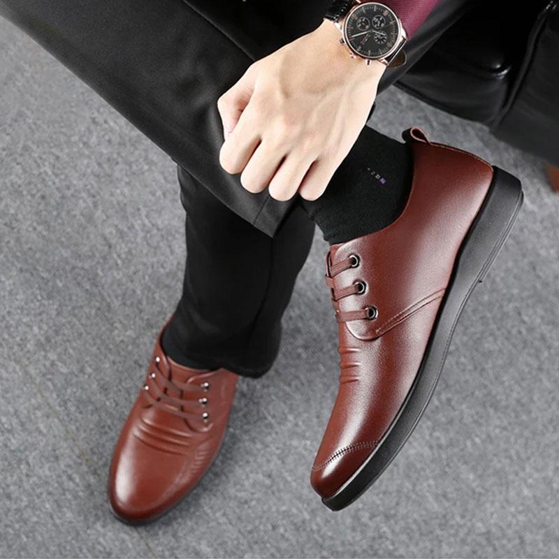 Men's Spring and Autumn Business Leather Shoes Real Cowhide Round Toe Breathable Dad Shoes Husband Casual Shoes Korean Men's Lace-up Shoes