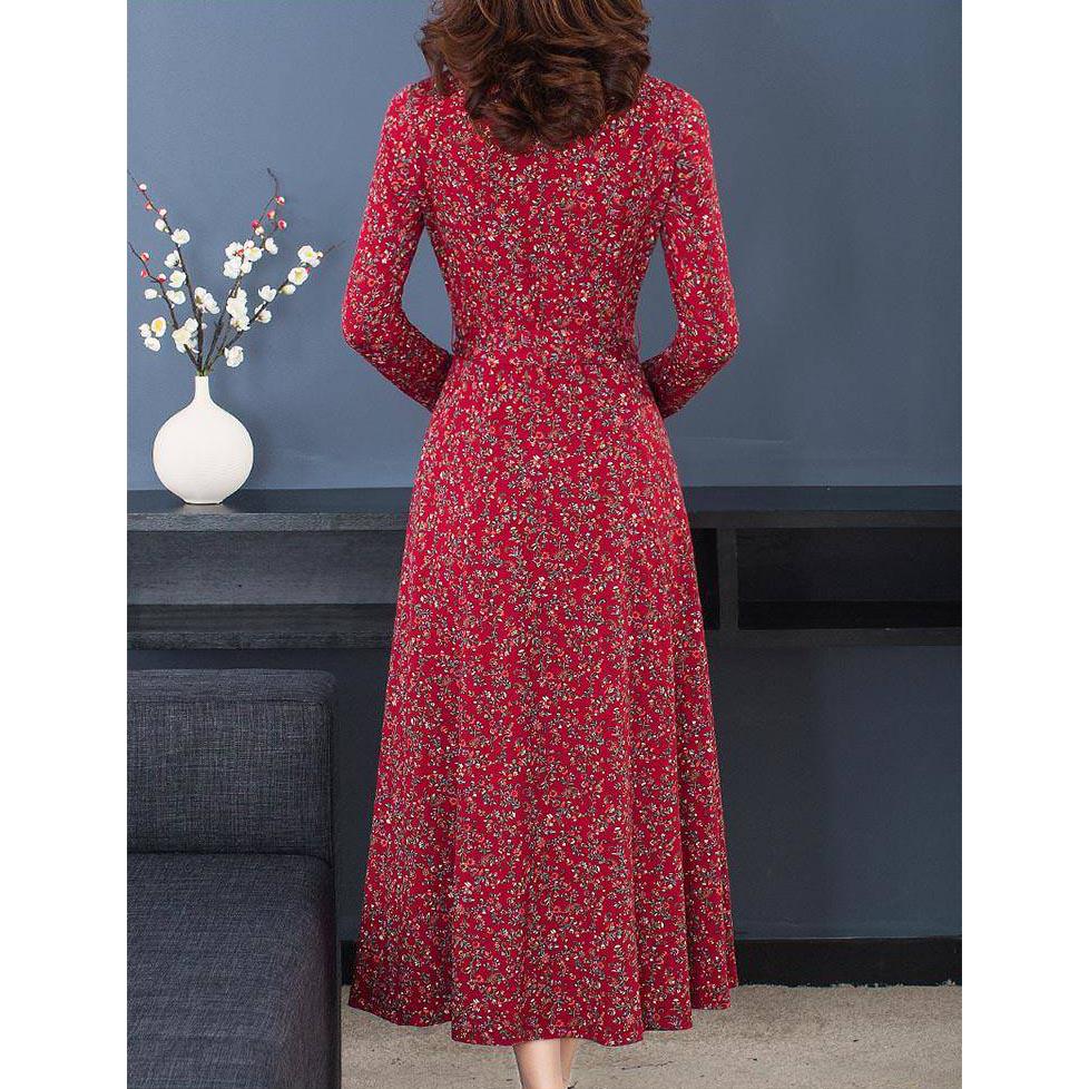 Autumn and winter stand-up collar long-sleeved waist slim dress long skirt floral skirt dress women