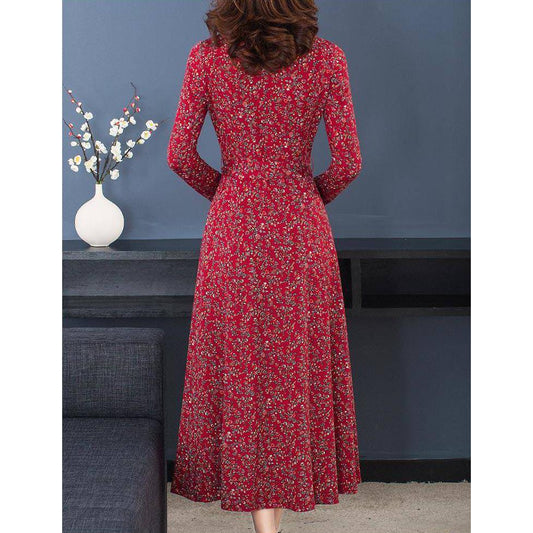 Autumn and winter stand-up collar long-sleeved waist slim dress long skirt floral skirt dress women