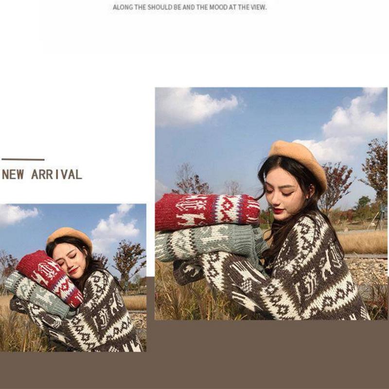 Pofulove red mid-length pullover thickened retro lazy loose retro net Christmas red sweater women