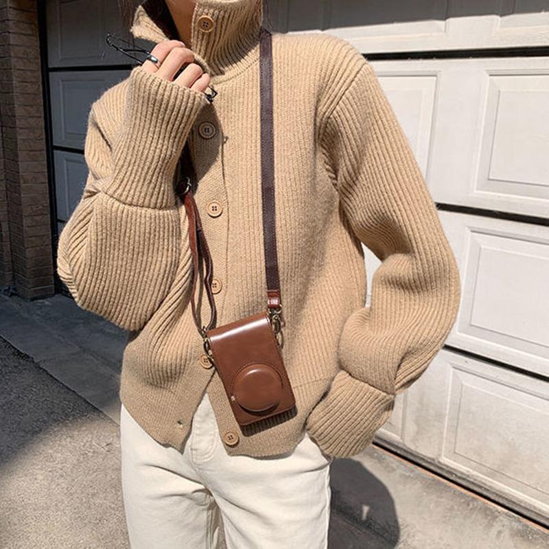 Spring  Autumn Design Sense Lapel Solid Color Vertical Pattern Sweater Cardigan Girl Student Casual Fashion All-match Knitted Cardigan