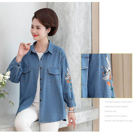 Spring and Autumn Mothers Wear Embroidered Denim Shirt Middle-aged Women Loose Casual Jacket Jacket Women