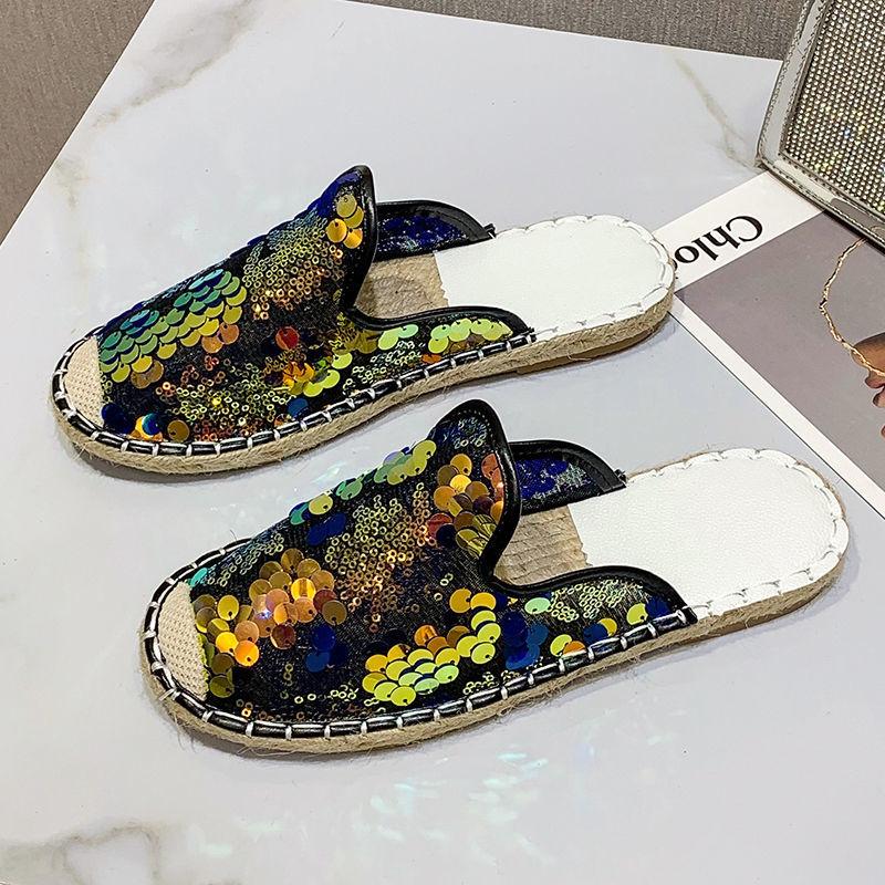 Baotou Half Slippers Female Summer Flat-bottomed Lazy One-step Outside Wear Net Red Sequin Fisherman Sandals and Slippers