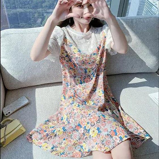 Female Summer Vintage Floral Print Chiffon Holiday Dress Slim Puff Sleeve Elegant Sweet Dress