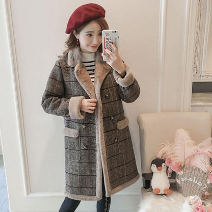 Thick and Fluffy Woolen Coat Women's Mid-length Large Size Plaid Cotton Coat Warm Women's Coat